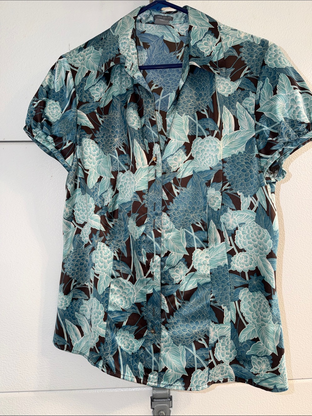 Ann Taylor Teal and Blue Floral Short-Sleeve Blouse